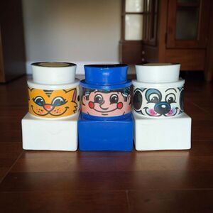 Vintage Ritvik Mega Blocks 2 Sided Figures Dog Cat Man Blue White Figures A41